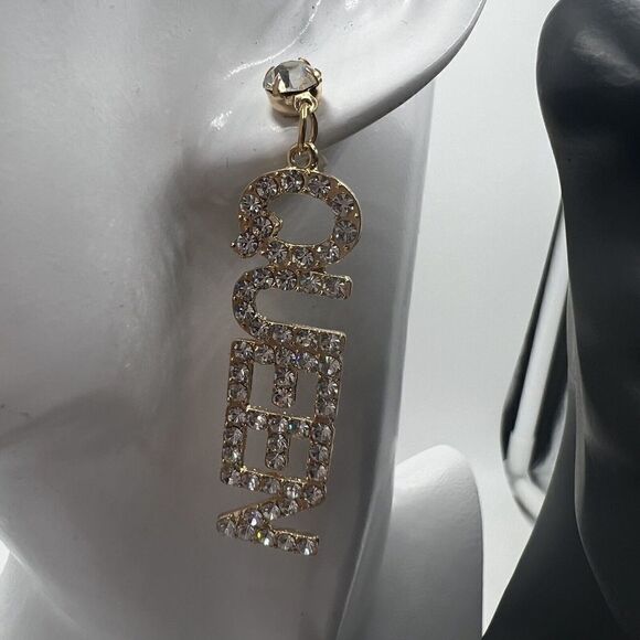 Queen Earrings Dangle Rhinestone Pierced Long But Not Heavy! Sparkle Gold Tone - Picture 3 of 8